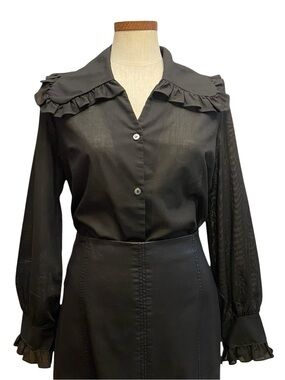 Vtg Jane Hunter Black Semi Sheer Ruffle Collar Button Down S Whimsigoth